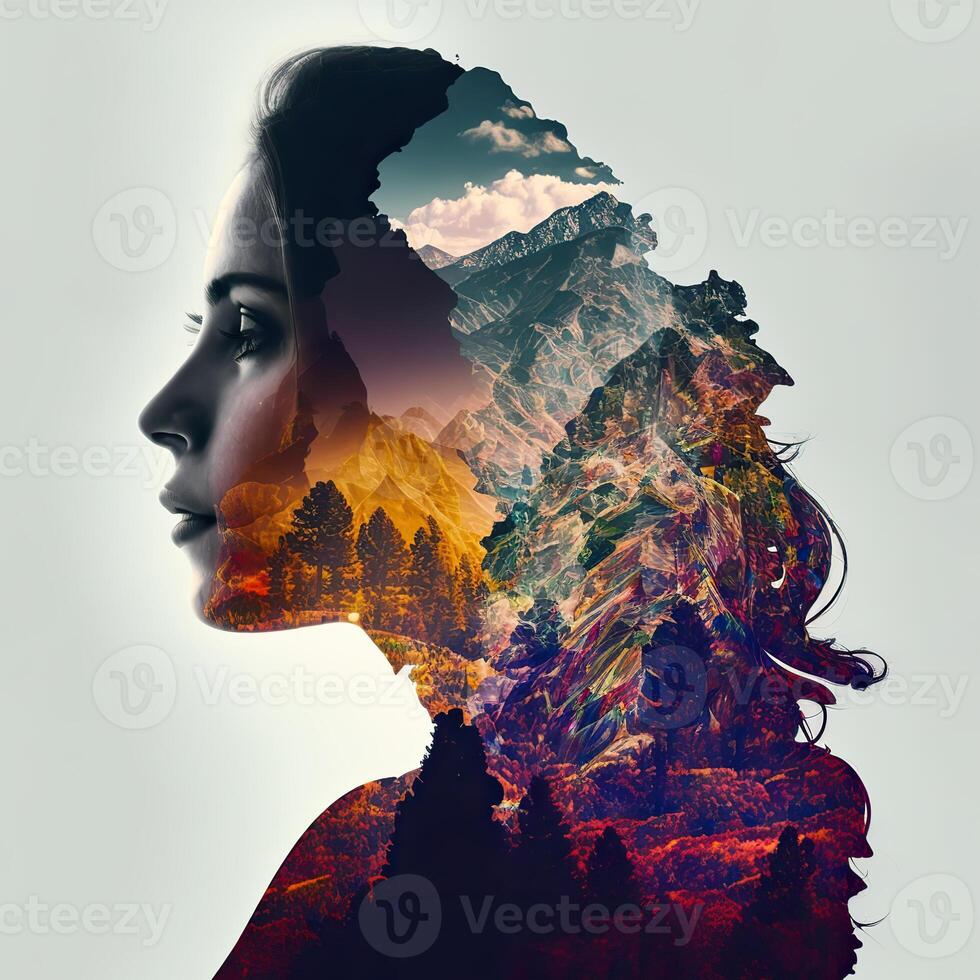 ai generato. ai generativo. Doppio esposizione foto realistico illustrazione di combinare bella giovane ragazza e natura foresta montagne paesaggio. avventura Esplorare gratuito anima vibrazione. grafico arte