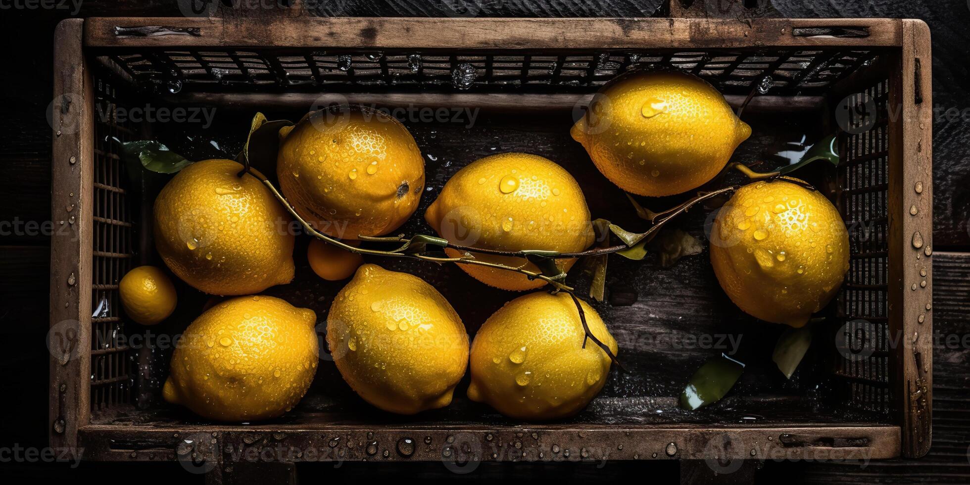 ai generato. ai generativo. foto realistico illustrazione di giallo eco organi limoni Limes nel legna rustico Vintage ▾ scatola. superiore Visualizza vibrazione. grafico arte