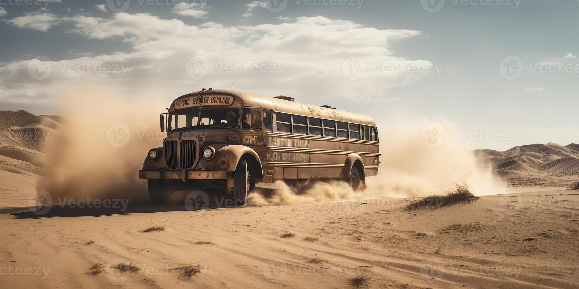 ai generato. ai generativo. foto realistico illustrazione di autobus equitazione nel il desrt su il strada. pazzo max film ispirato. grafico arte