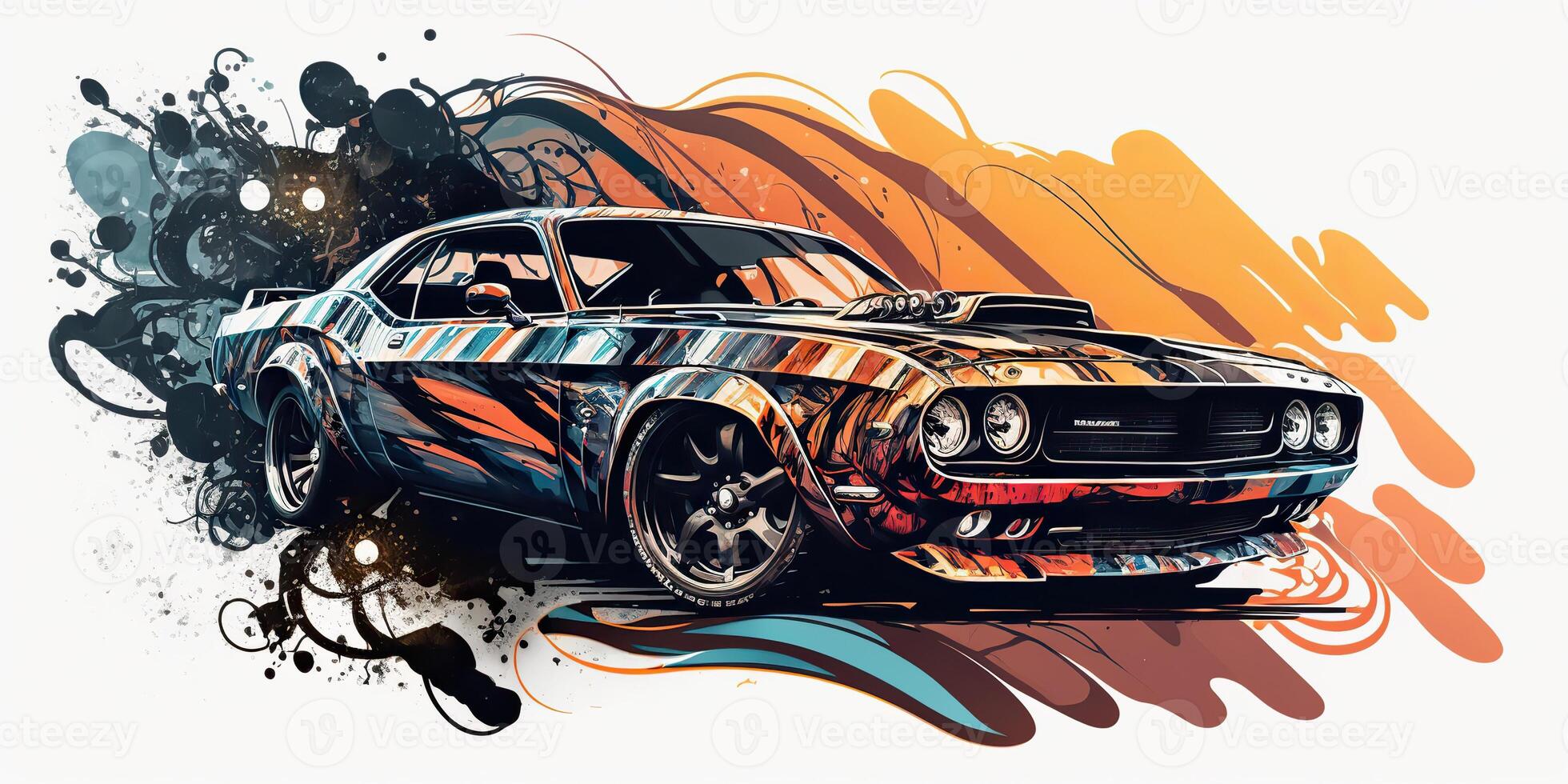 ai generato. realisitc cartone animato illustrazione di auto sportiva muscolo auto mustang nel Vintage ▾ retrò stile. ai generativo. grafico arte foto