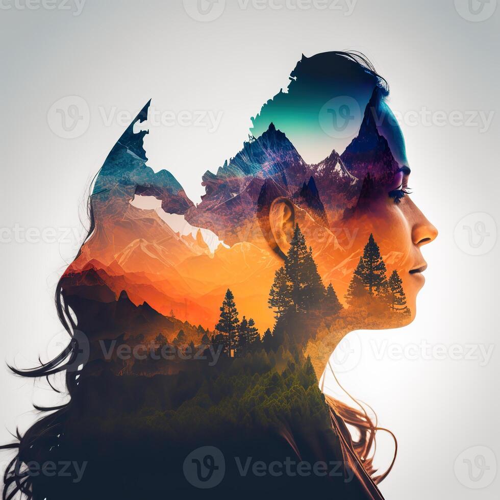 ai generato. ai generativo. Doppio esposizione foto realistico illustrazione di combinare bella giovane ragazza e natura foresta montagne paesaggio. avventura Esplorare gratuito anima vibrazione. grafico arte