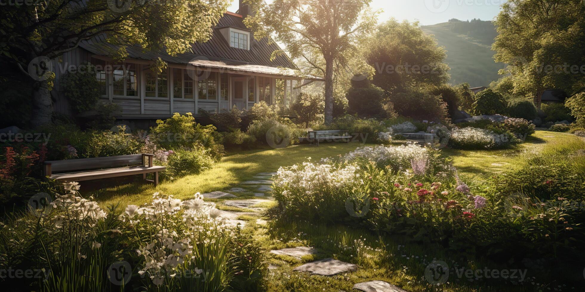 ai generato. ai generativo. foto realistico illustrazione di scandinavo pace calma meditazione giardino al di fuori città Casa. rilassare vibrazione. grafico arte