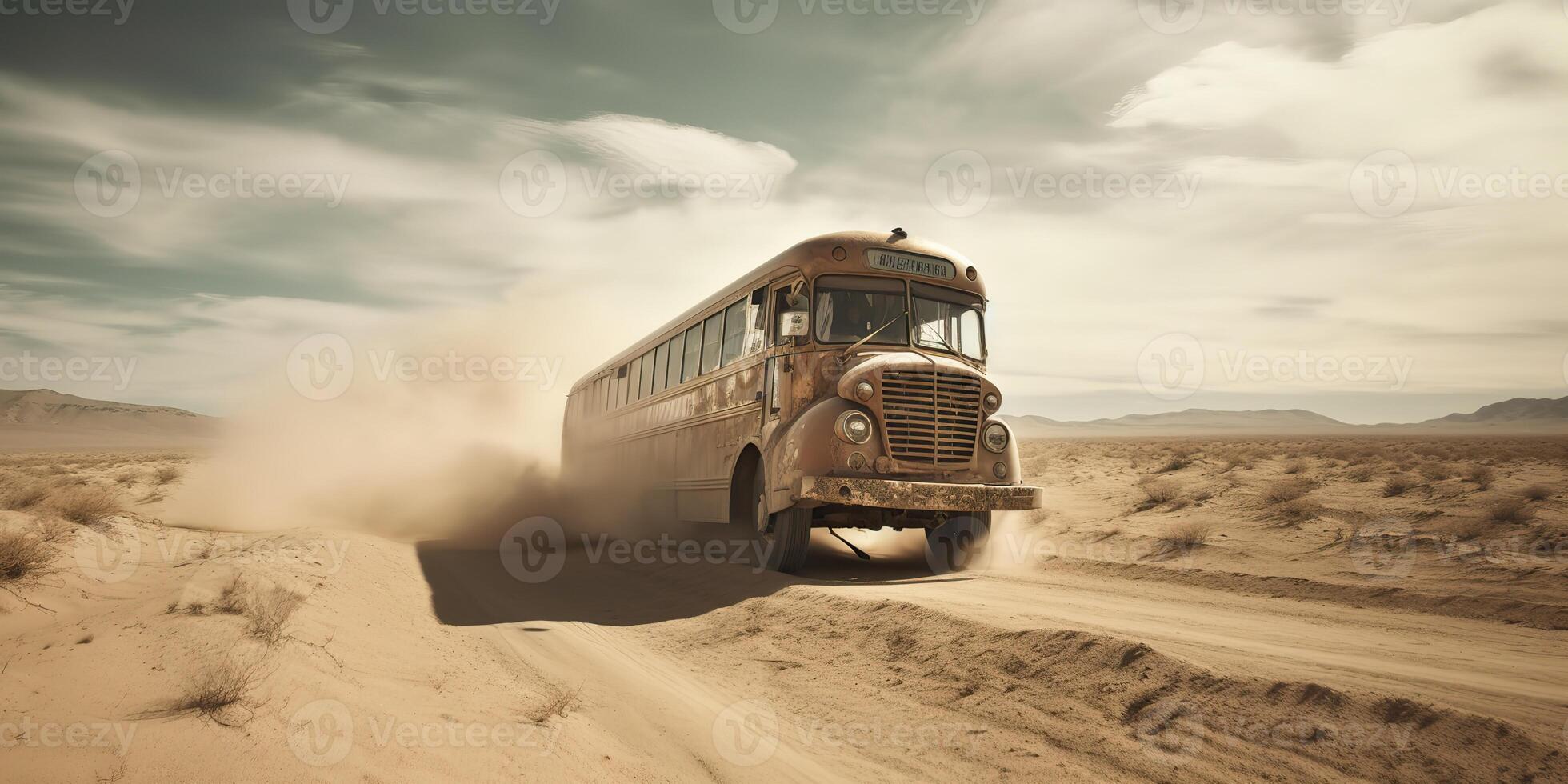 ai generato. ai generativo. foto realistico illustrazione di autobus equitazione nel il desrt su il strada. pazzo max film ispirato. grafico arte