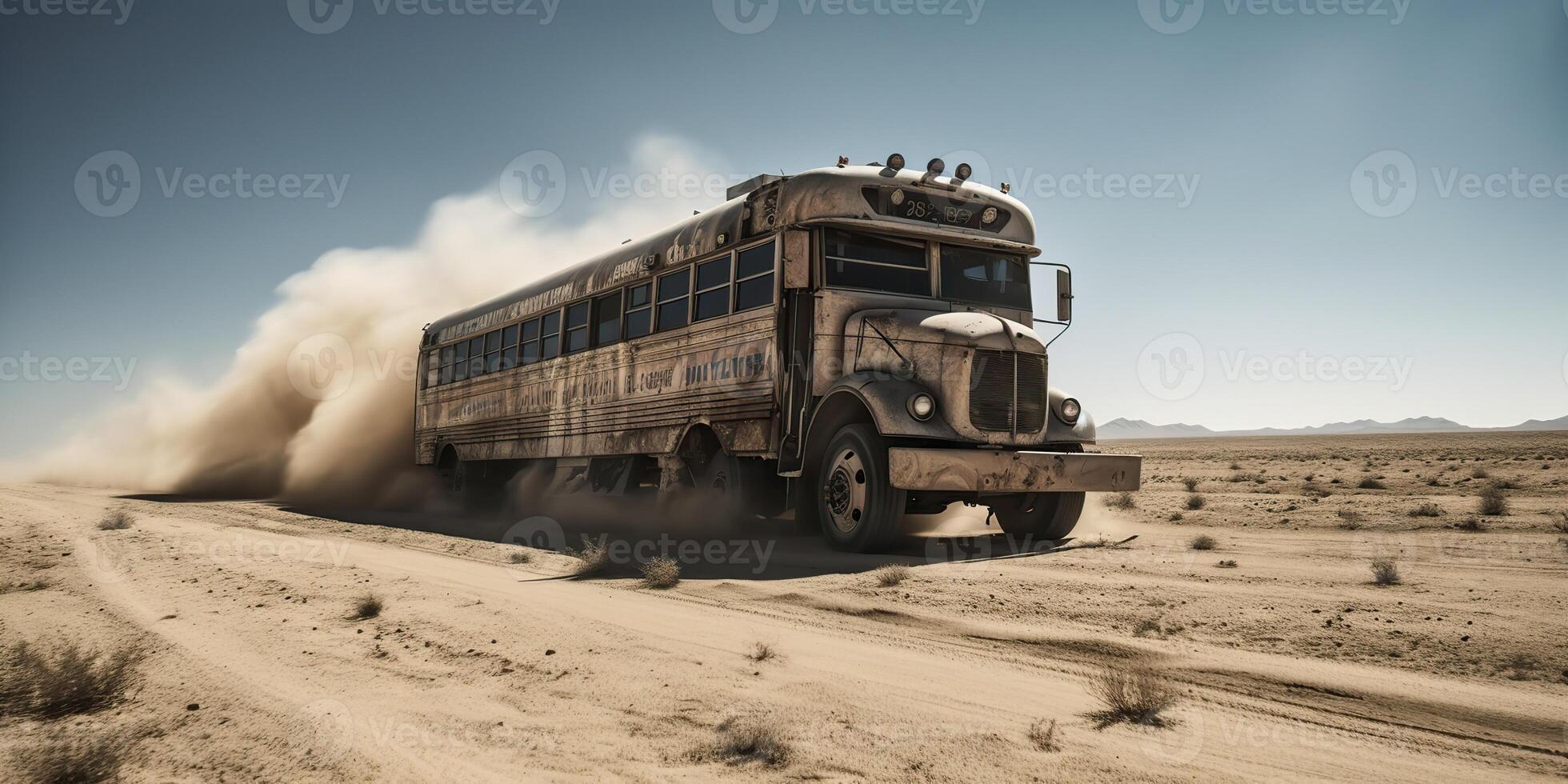 ai generato. ai generativo. foto realistico illustrazione di autobus equitazione nel il desrt su il strada. pazzo max film ispirato. grafico arte