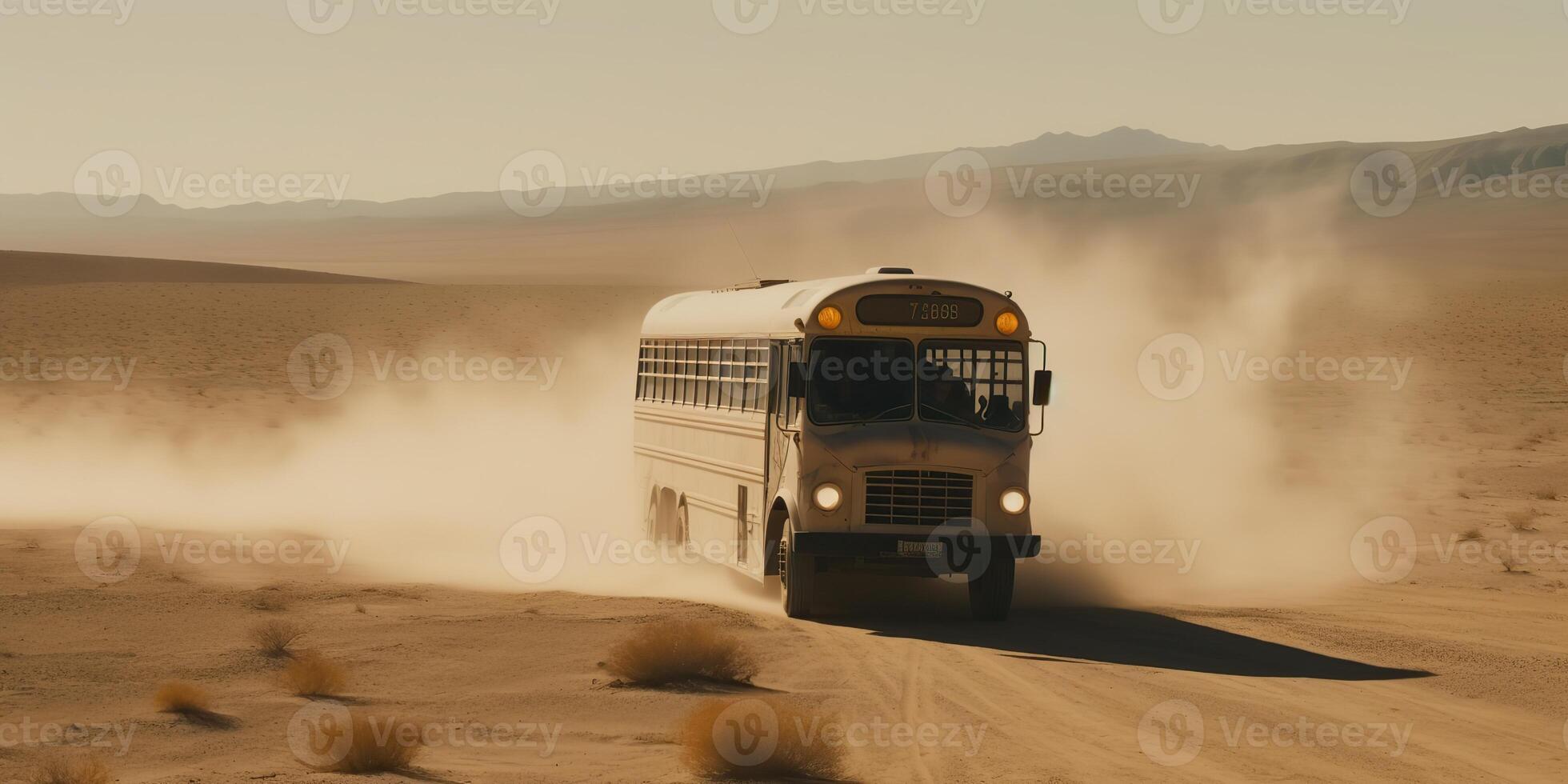 ai generato. ai generativo. foto realistico illustrazione di autobus equitazione nel il desrt su il strada. pazzo max film ispirato. grafico arte