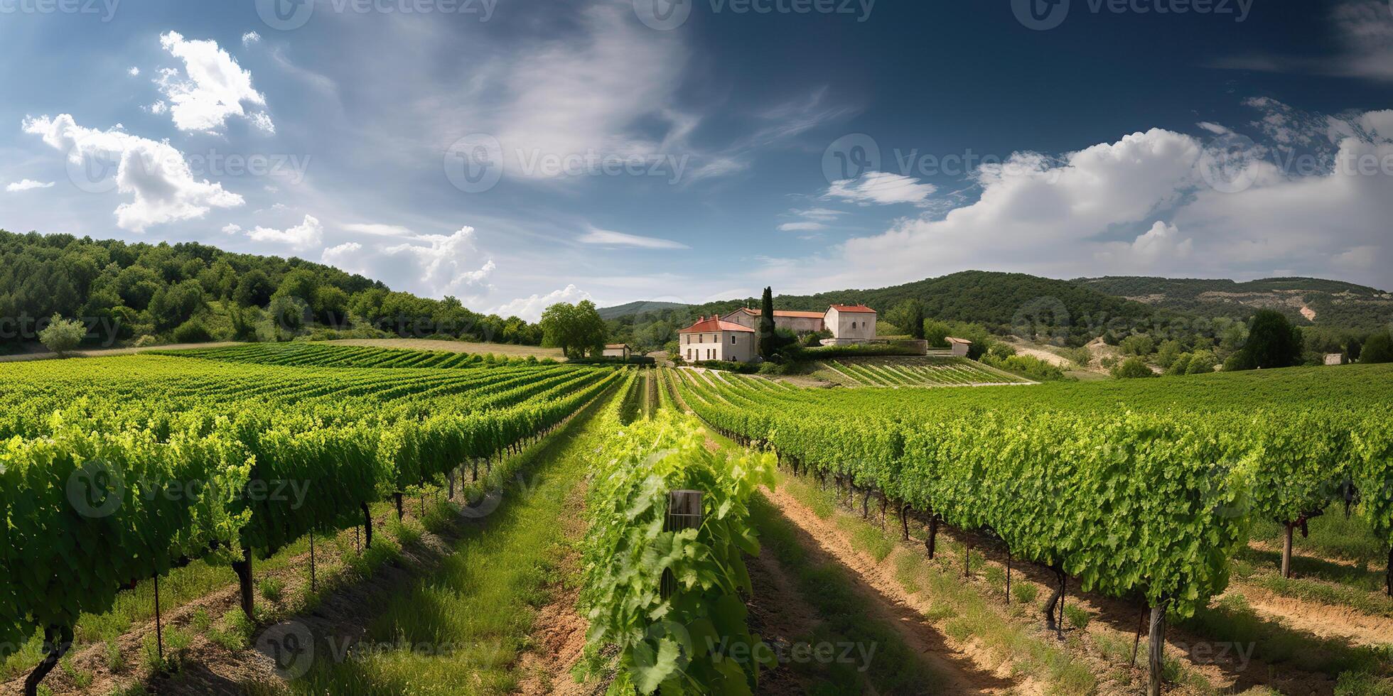 ai generato. ai generativo. vigneto a Sud Francia provenza. vino pianta giardino raccolto. romantico rilassare freddo vibrazione. grafico arte foto