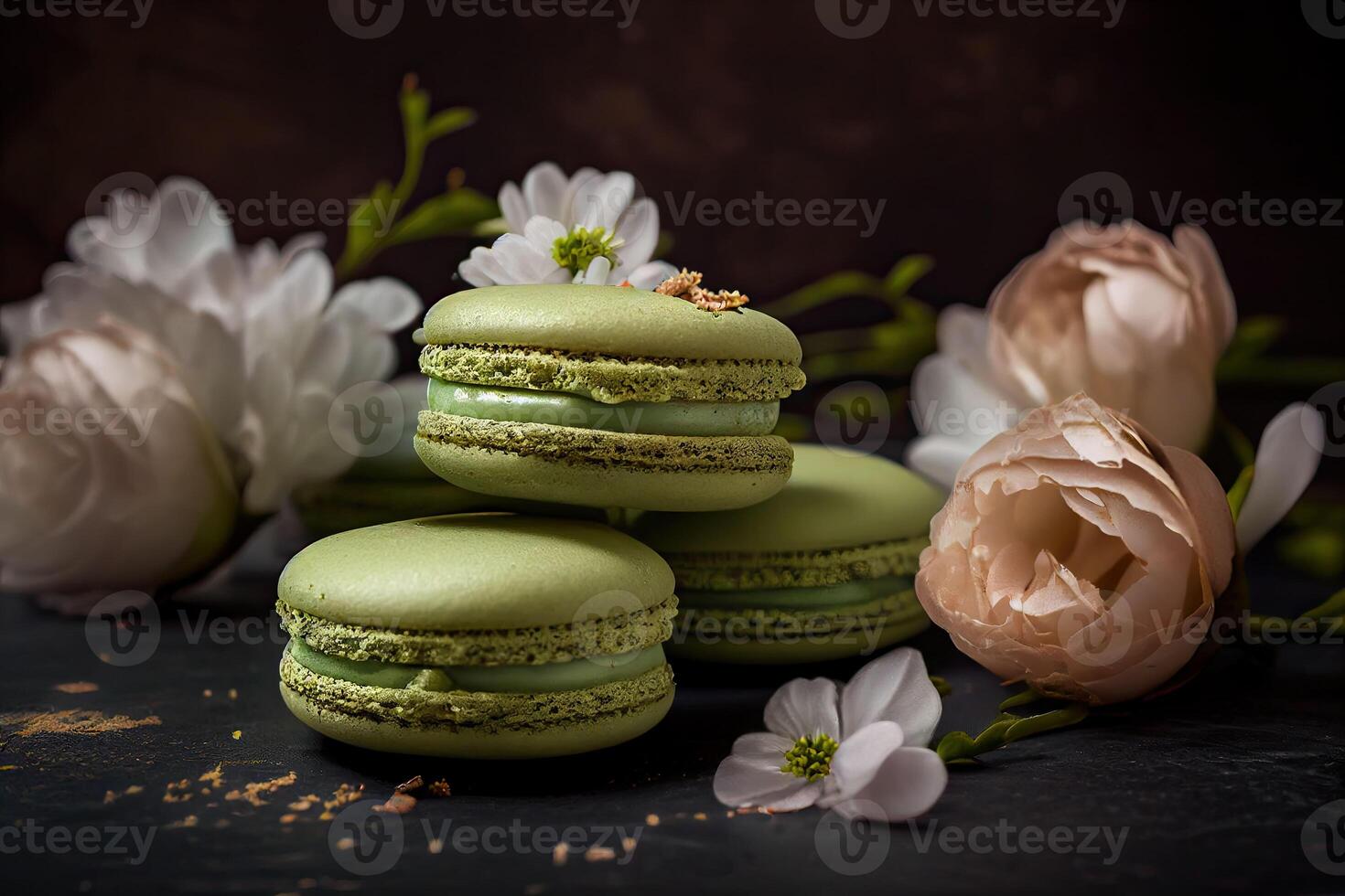 tradizionale francese biscotto macaron con pistacchio gusto. piccolo francese torte. dolce verde francese macarons. generativo ai foto