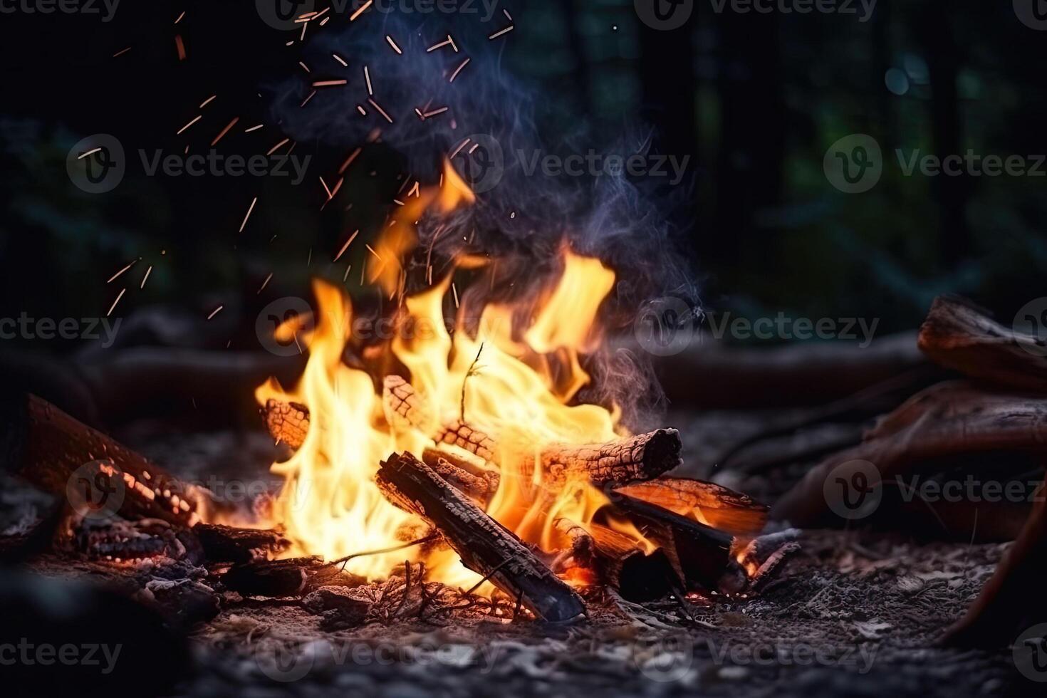 fuoco di bivacco a turistico campo nel il notte. fiamma e fuoco scintille su buio sfondo. generativo ai foto