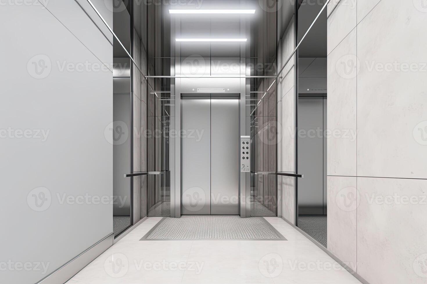 interno Visualizza di un' moderno ascensore. ufficio o moderno Hotel corridoio, vuoto atrio interno. generativo ai foto