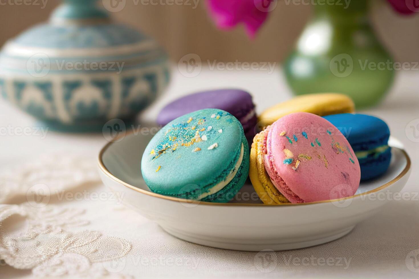 colorato macarons su semplice piatto nel moderno bianca cucina. generativo ai foto