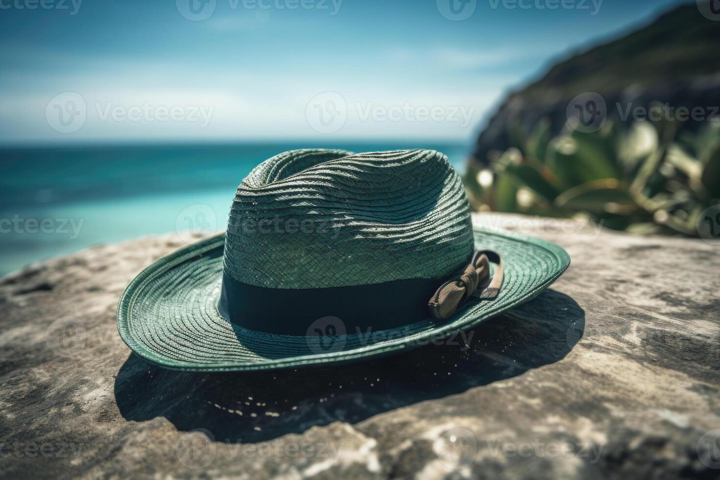 un' tropicale spiaggia ambientazione con un' cannuccia cappello nel il primo piano. spiaggia vacanza concetto. generativo ai foto