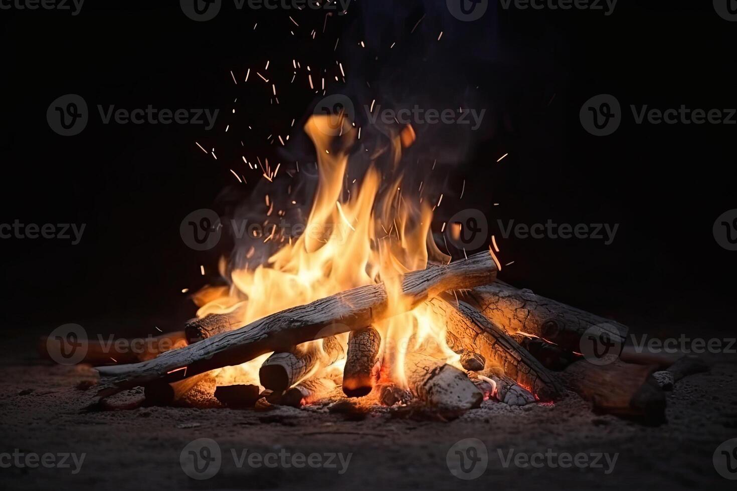 fuoco di bivacco a turistico campo nel il notte. fiamma e fuoco scintille su buio sfondo. generativo ai foto