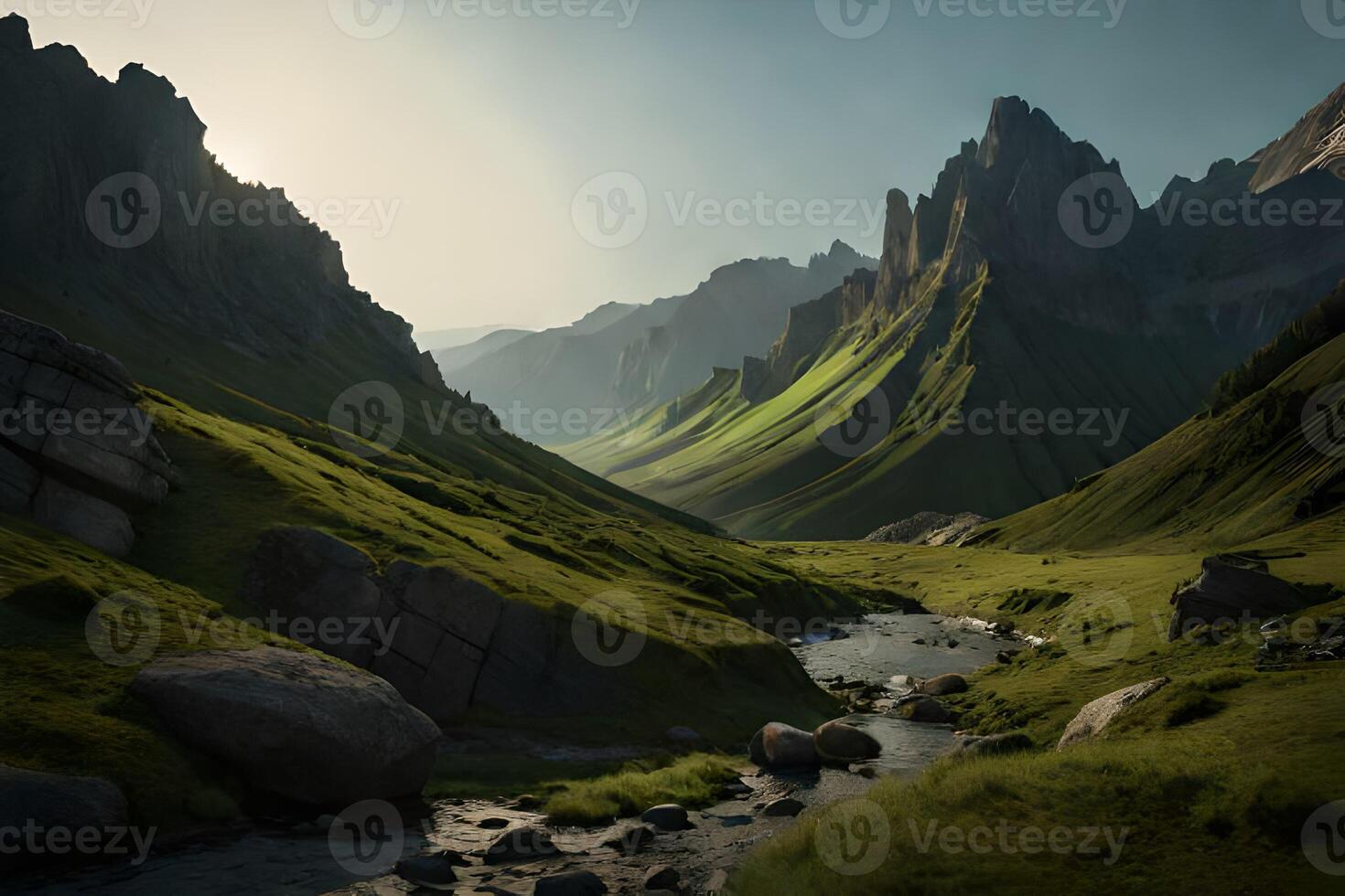 bellissimo lago sotto il montagne ai generato foto