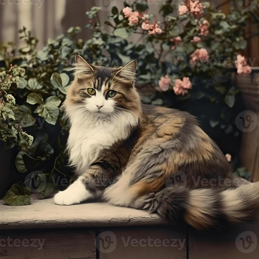 ai generato. ai generativo. 1910 Vintage ▾ retrò colorato foto realistico fotografia illustrazione. penna animale gattino gatto rilassare vibrazione. grafico arte