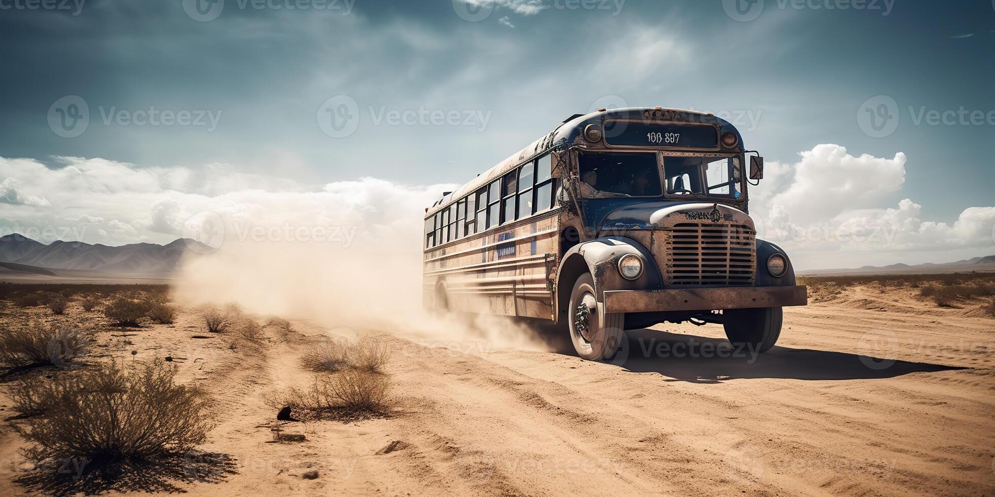 ai generato. ai generativo. foto realistico illustrazione di autobus equitazione nel il desrt su il strada. pazzo max film ispirato. grafico arte