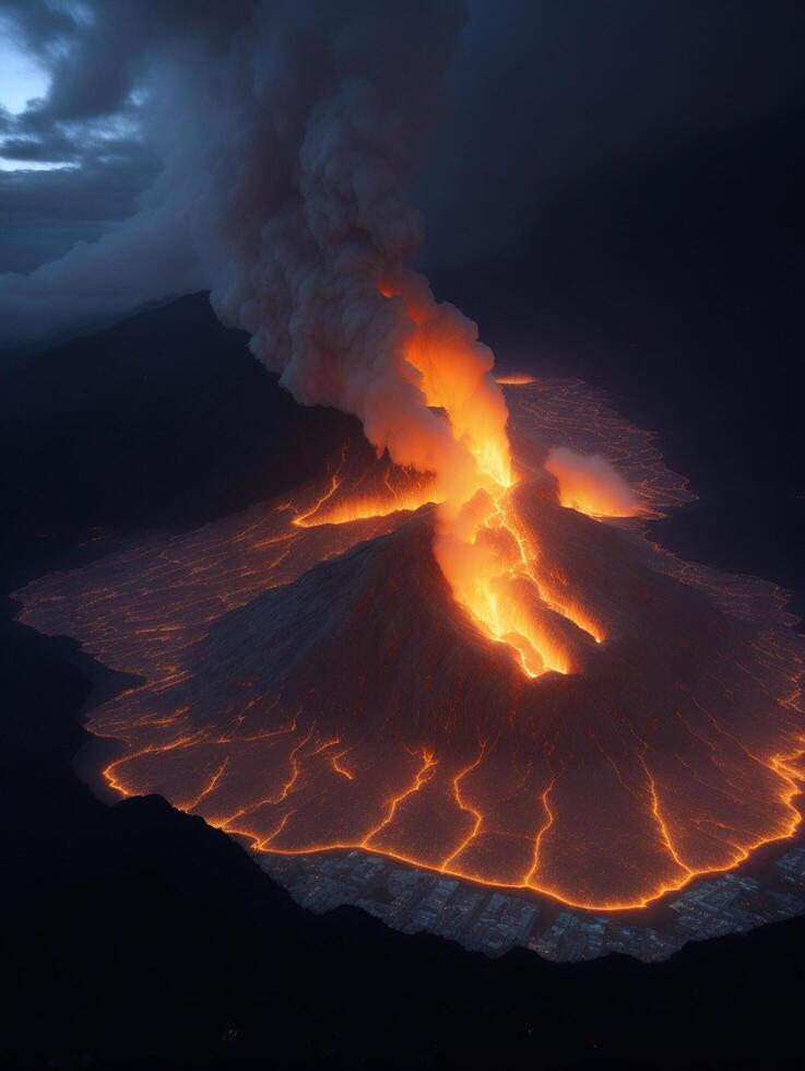 superiore Visualizza vulcano eruzione a notte backgound ai generato foto