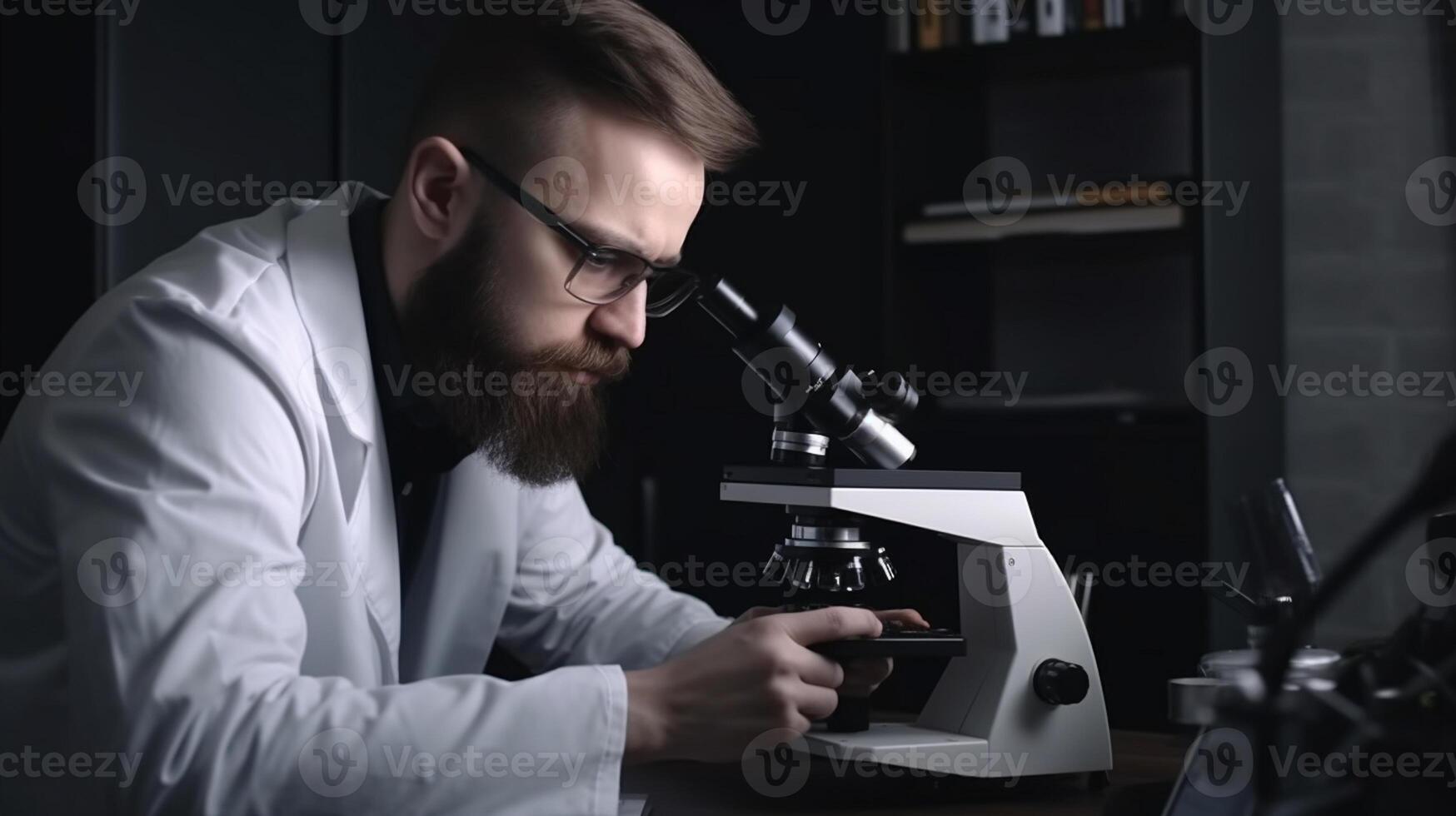 scienziato o alunno utilizzando il computer portatile microscopio a laboratorio ai generato foto