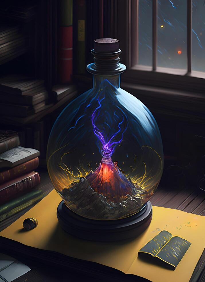 illustrazione di un' pozione bottiglia contenente un' vulcano sputare blu fiamme, ai generato foto