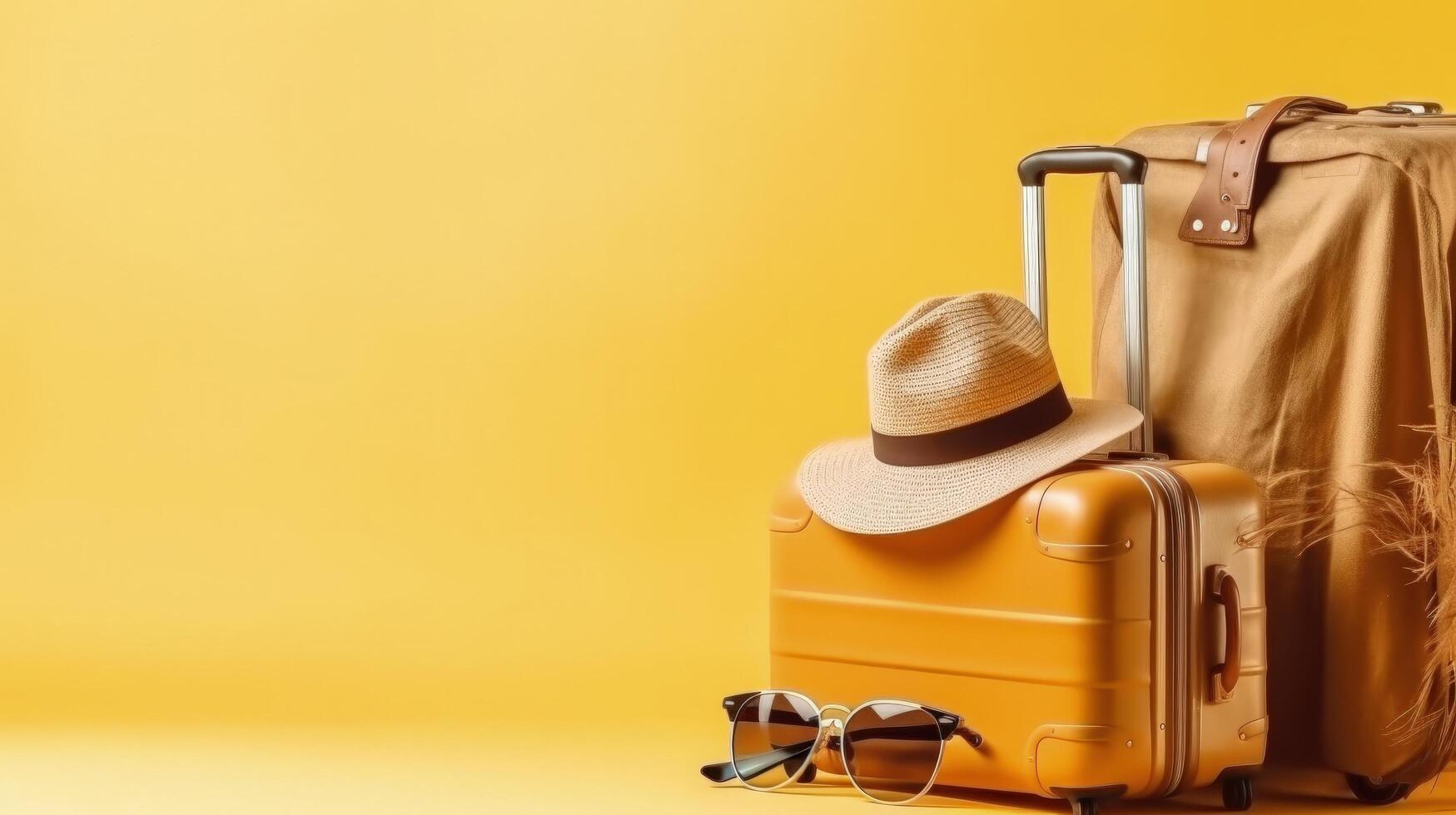 valigia con sole cappello su giallo sfondo. illustrazione ai generativo foto