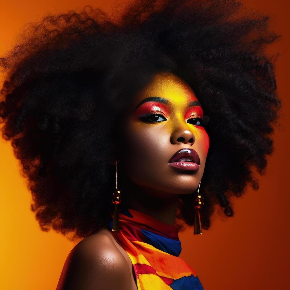 ritratto di giovane afro donna con luminosa trucco illustrazione ai generativo foto