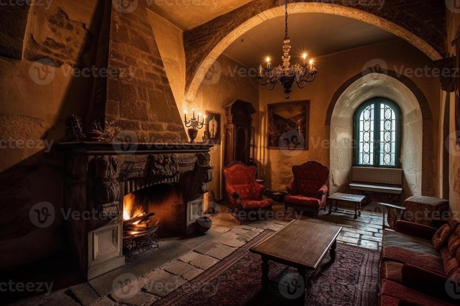 accogliente camino nel un' camera nel un' medievale Gotico castello. ai generato foto