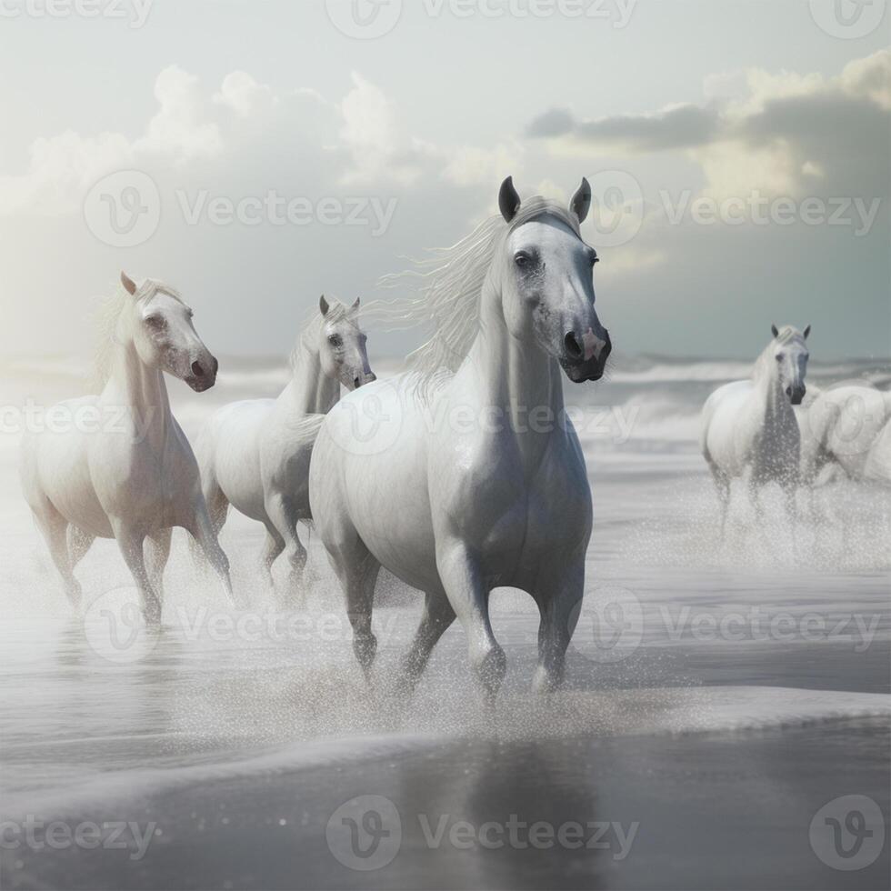 un' gruppo di cavalli è in esecuzione su il spiaggia generativo ai generato foto