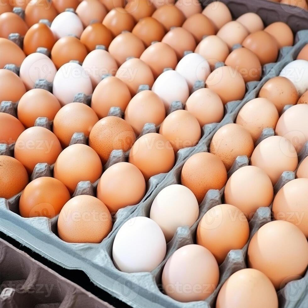 un' vassoio di uova a partire dal il azienda agricola generativo ai generato foto