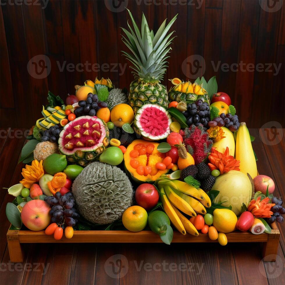 un' tavolo con parecchi diverso frutta generativo ai generato foto