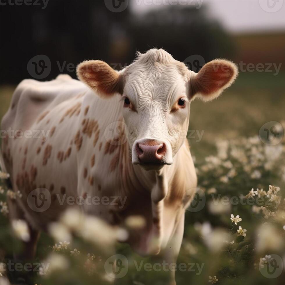 un' mucca è in piedi nel un' campo di fiori generativo ai generato foto