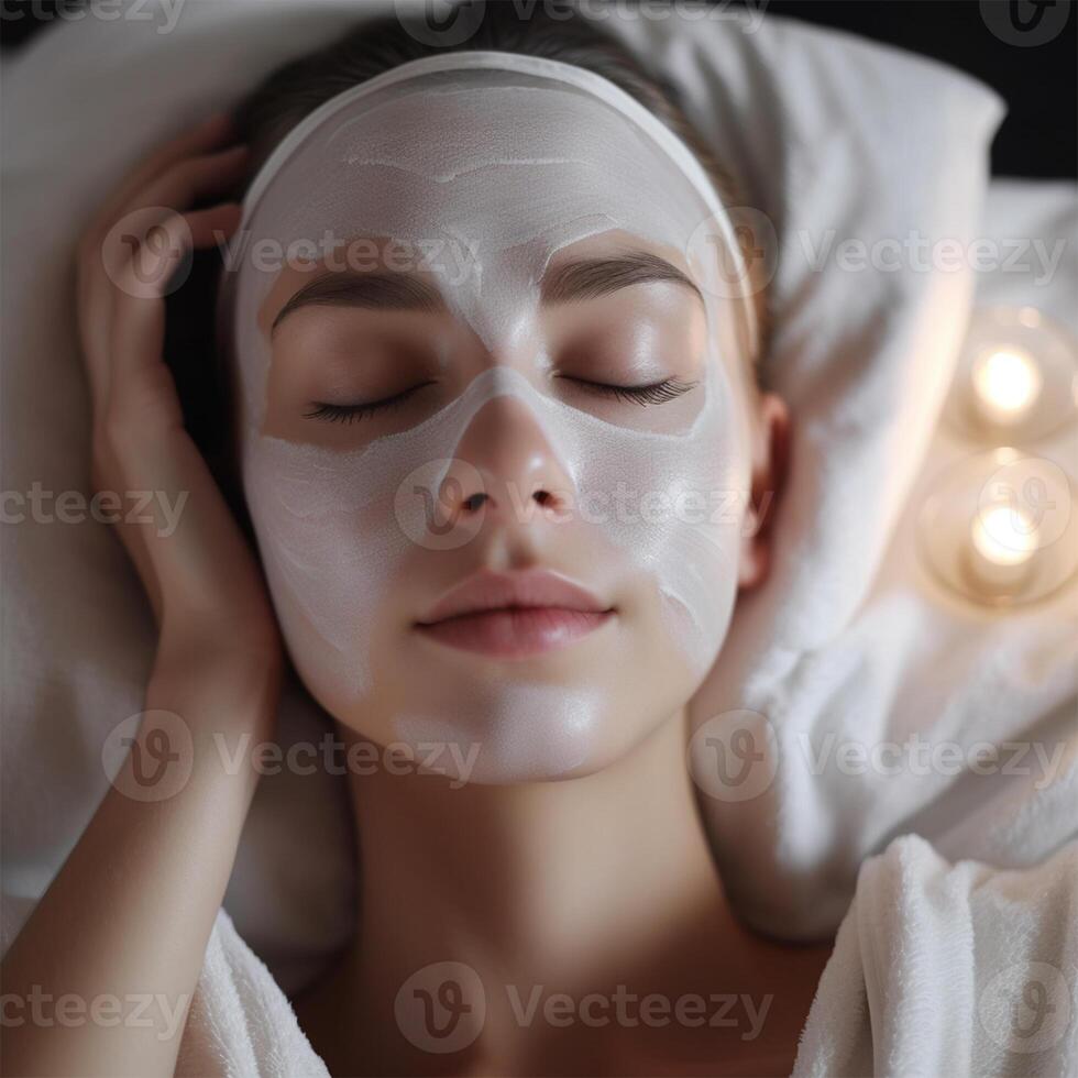 un' donna è posa nel letto con un' viso maschera generativo ai generato foto