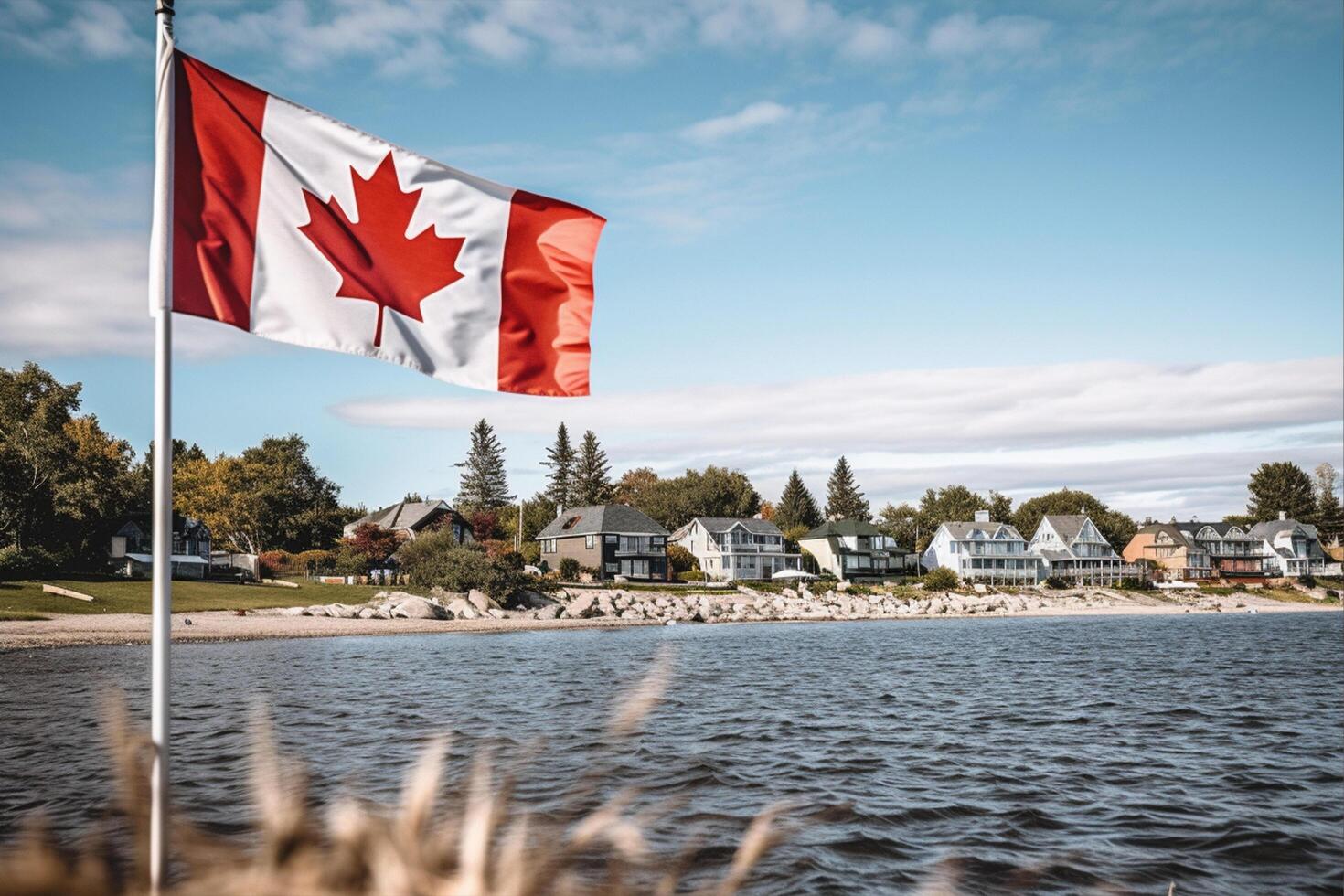 canadese bandiera su il fiume, ai generativo foto