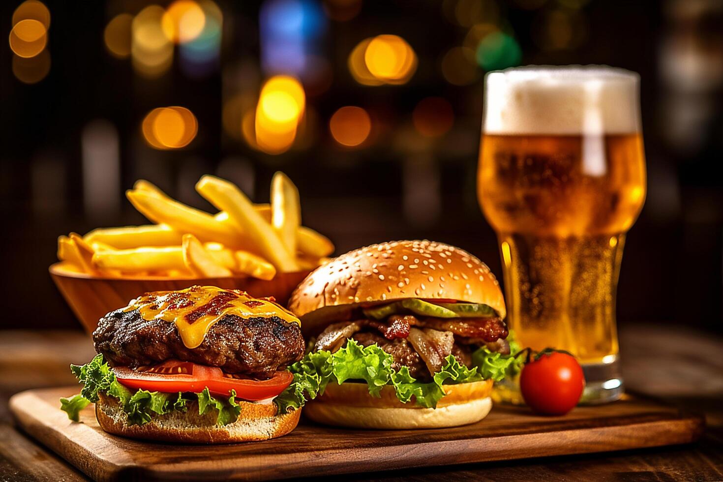 fresco Hamburger con patatine fritte e freddo bere, ai generativo foto