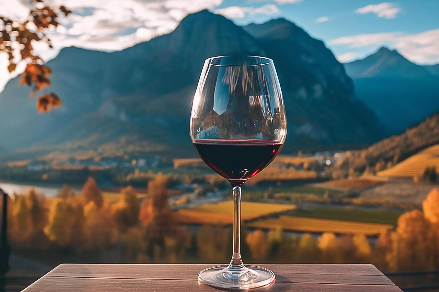 rosso vino bicchiere e bellissimo autunno paesaggio montano, ai generativo foto
