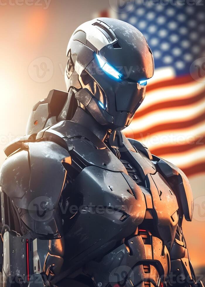 futuro militare Stati Uniti d'America robotica soldato esercito, idenpendece giorno 4 luglio, americano bandiera sfondo, generativo ai foto