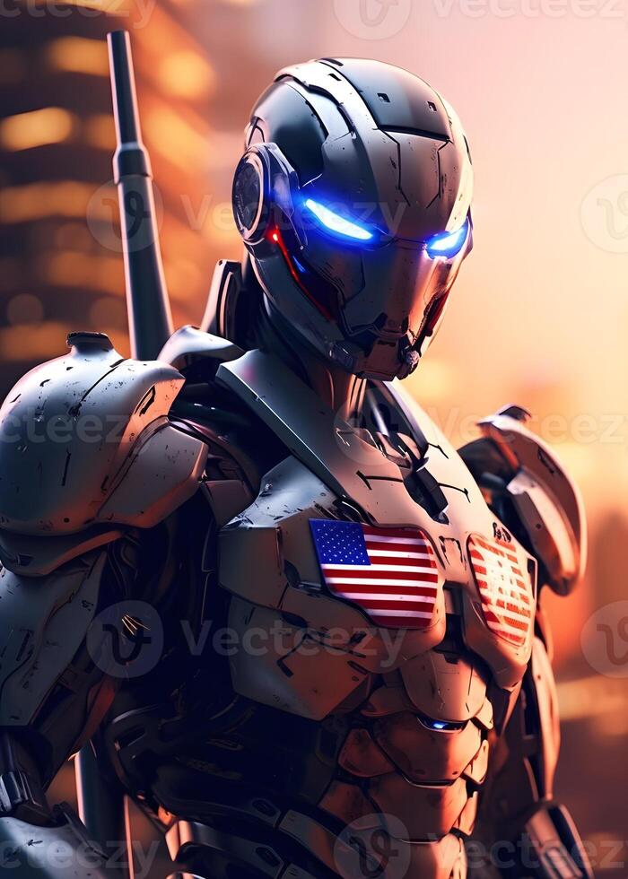 futuro militare Stati Uniti d'America robotica soldato esercito, idenpendece giorno 4 luglio, americano bandiera sfondo, generativo ai foto