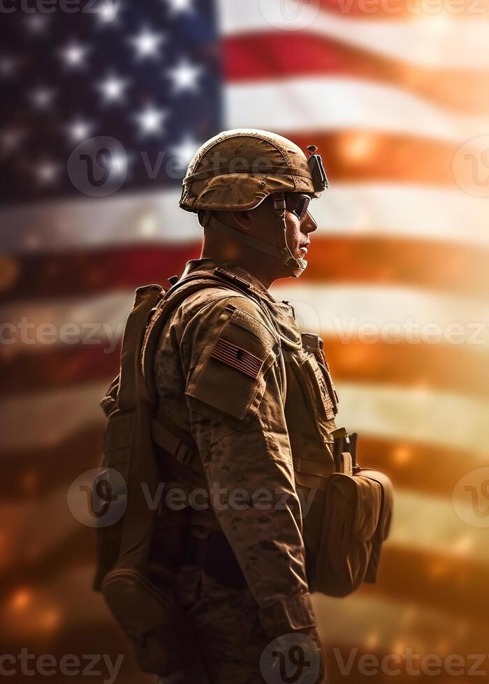 futuro militare Stati Uniti d'America soldato esercito, idenpendece giorno 4 luglio, americano bandiera sfondo, generativo ai foto