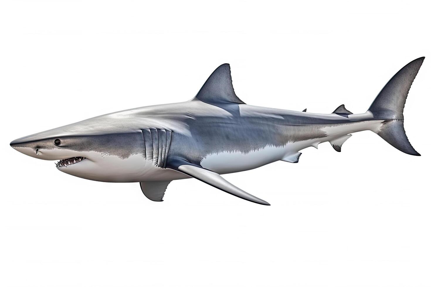 grande bianca squalo il famoso predatore nel il oceano isolato su bianca sfondo, marino animale, clip arte, diversità di animali, con generativo ai. foto