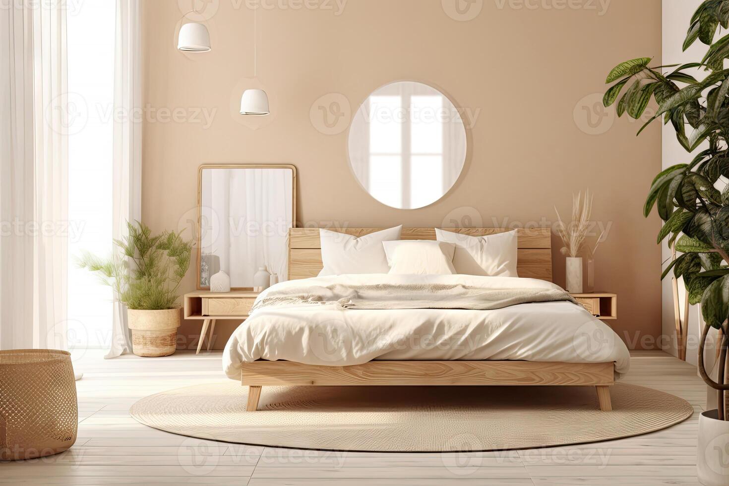 minimo interno design Camera da letto con beige accogliente tono stile,  decorare con di legno letto