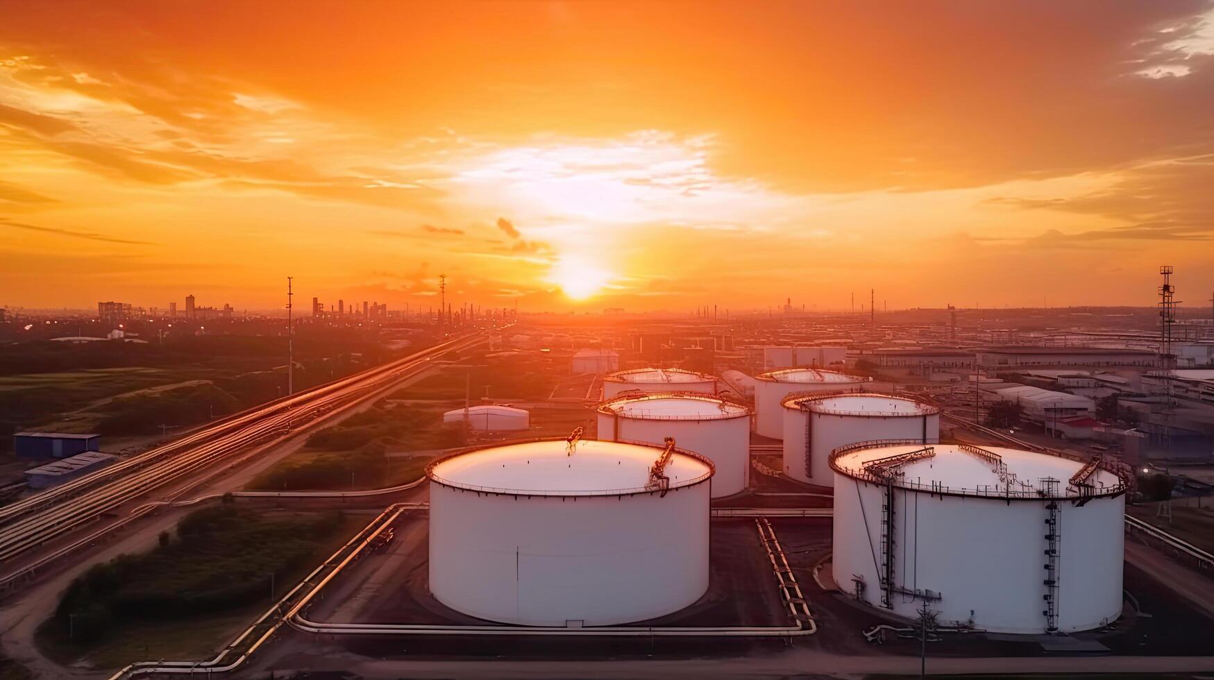 aereo superiore Visualizza di fabbrica stazione, olio carburante Conservazione cisterna, petrolio raffineria, manifattura, industriale processi pianta olio raffineria per energia con generativo ai. foto