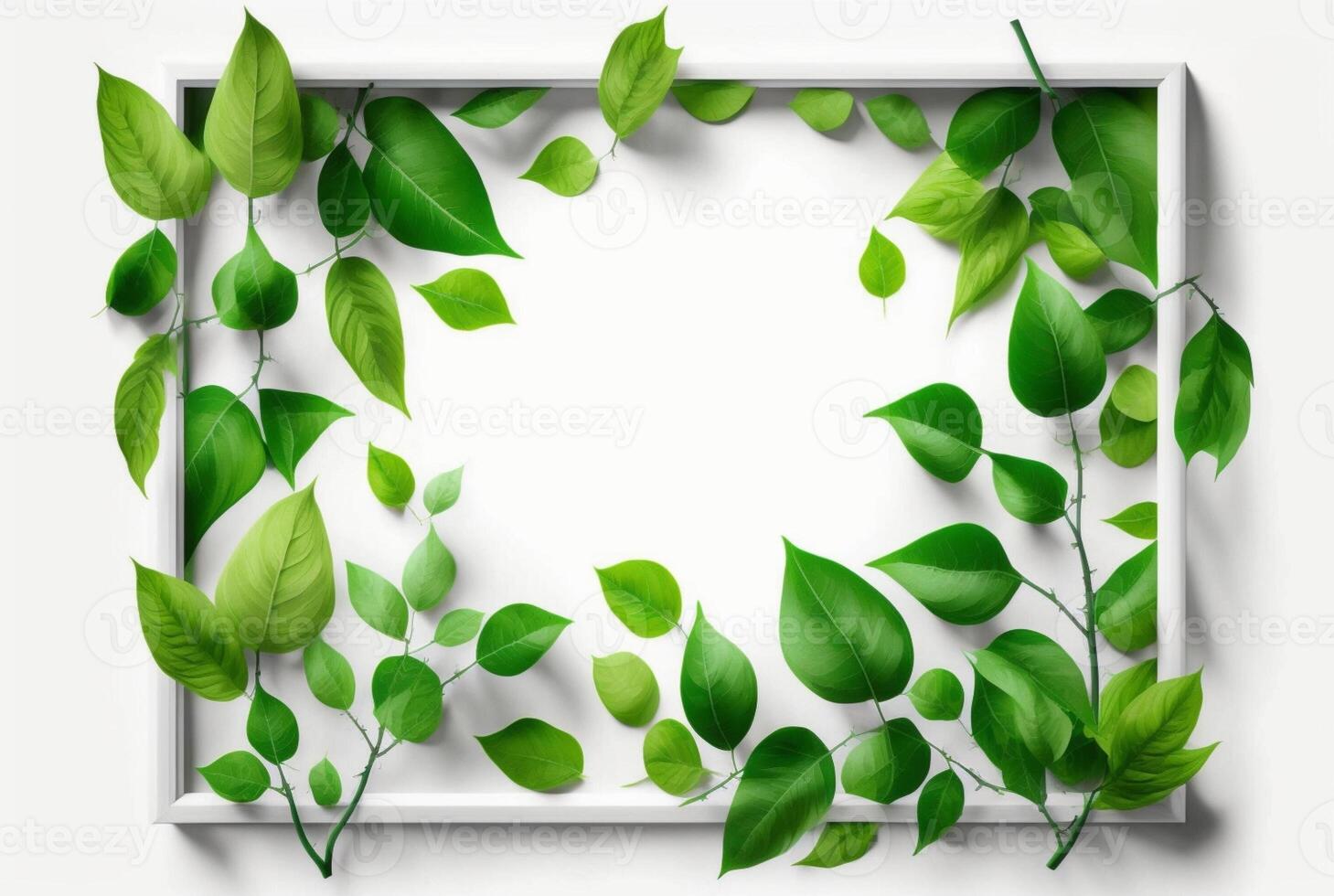 telaio di verde le foglie su un' bianca sfondo. posare piatto. generativo ai foto