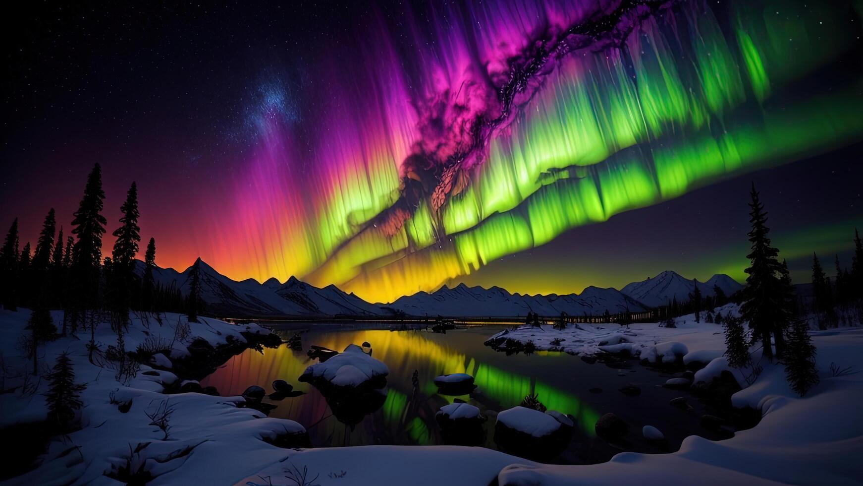 aurora Borealis nel il notte cielo al di sopra di il montagna lago. generativo ai foto