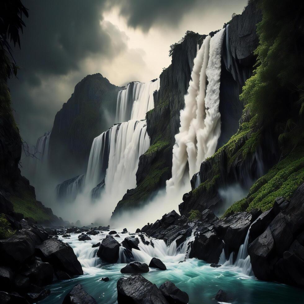 bellissimo cascata nel il montagne. artistico stile e morbido messa a fuoco. generativo ai foto