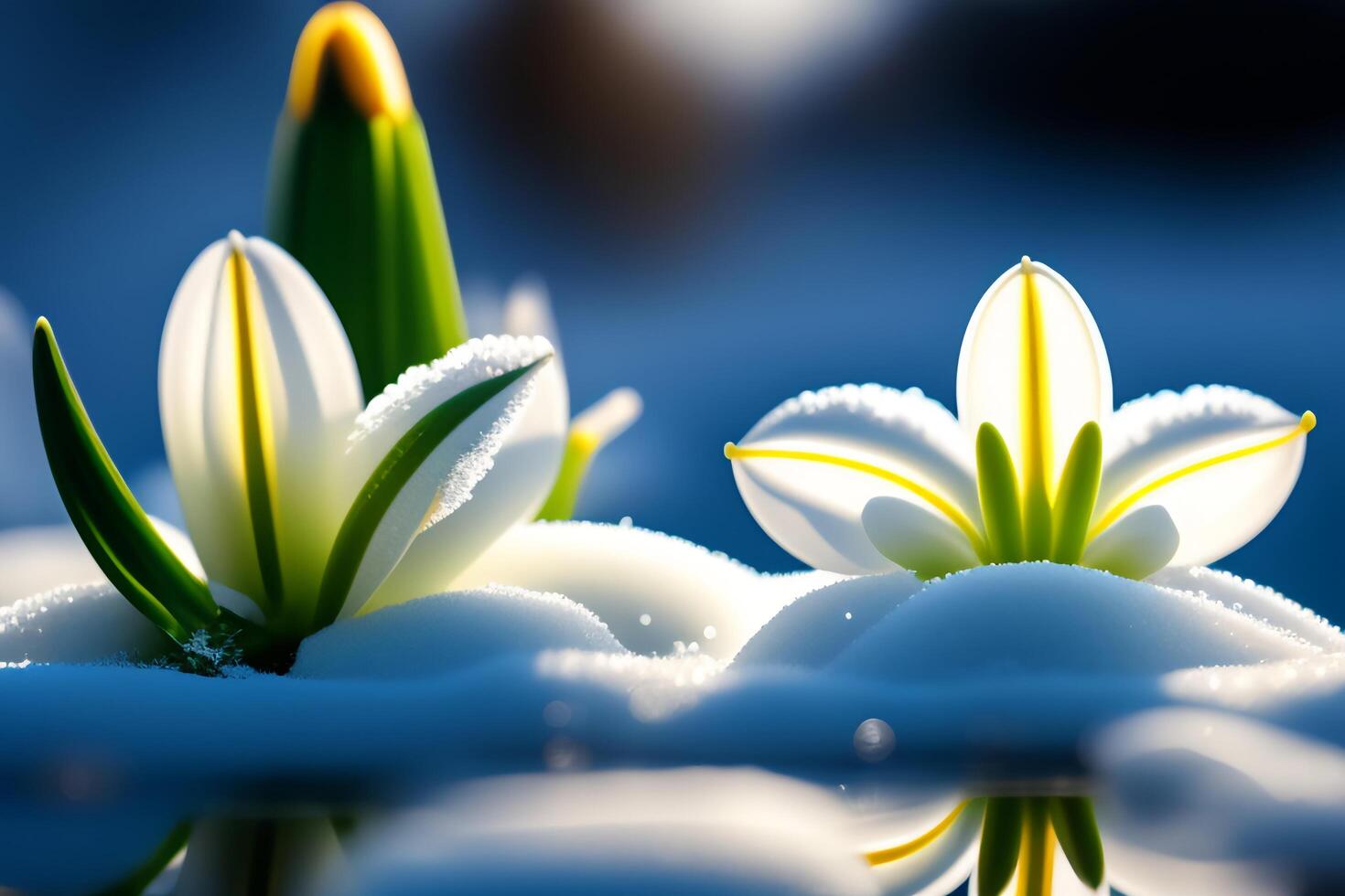 bellissimo bianca giglio fiore con acqua gocce su blu sfondo. generativo ai foto