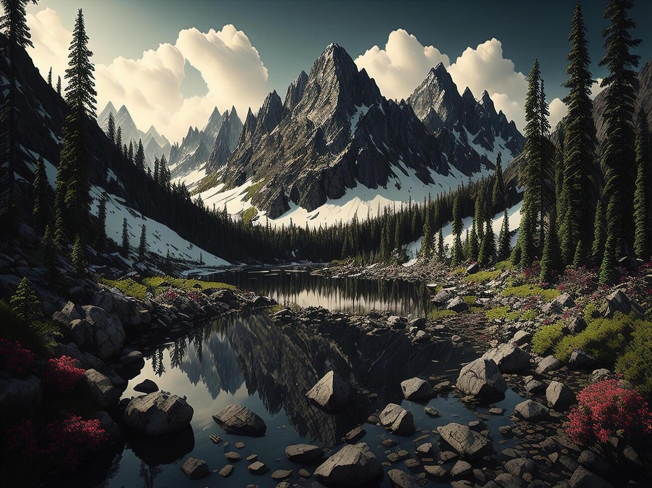 bellissimo montagna paesaggio con lago e riflessione nel acqua. ai generato foto