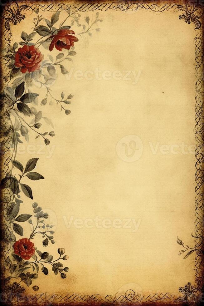 vuoto pergamena pagina con floreale telaio, creato con generativo ai foto