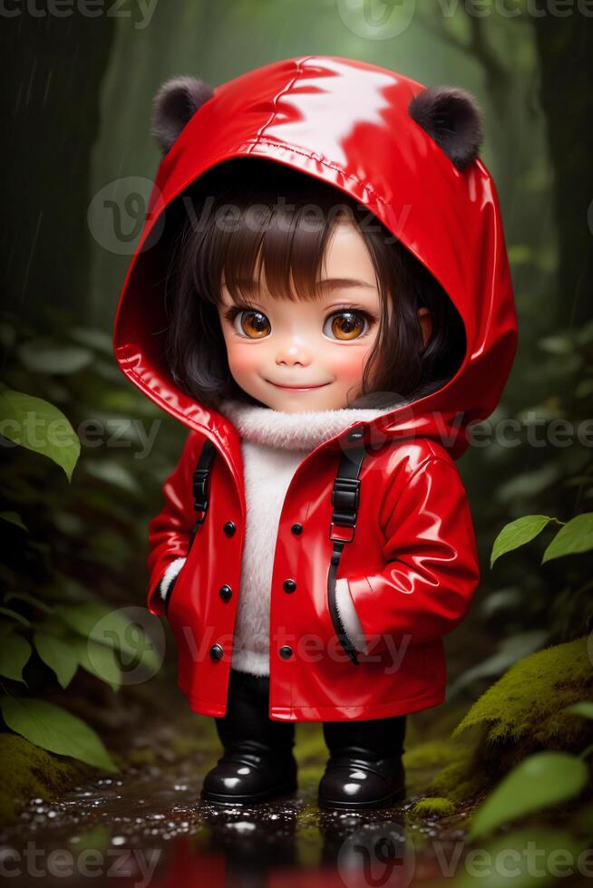 un' miniatura giocattolo ragazza nel un' rosso impermeabile sta nel un' foresta con un' pozzanghera di acqua, nel il piovere, fotorealismo. generativo ai, generativo, ai foto