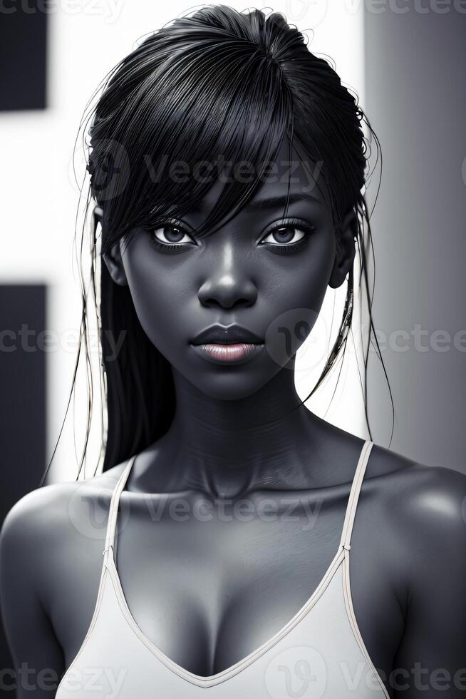 ritratto di un' di carnagione scura bellissimo donna con grande seni e lungo capelli è mostrato, nero e bianca fotografia, altamente dettagliato digitale la pittura. generativo ai foto