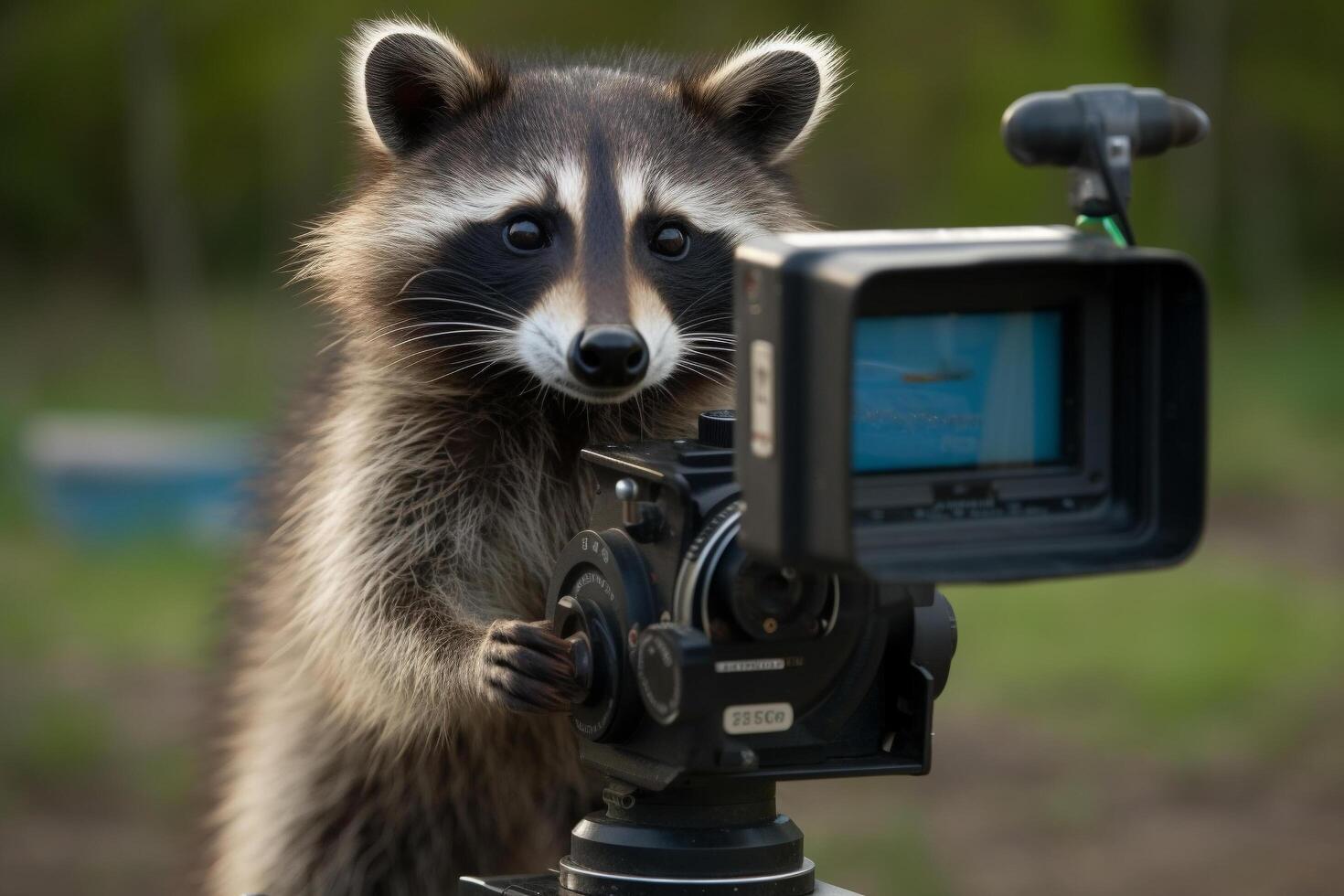 un' procione utilizzando un' telecamera nel davanti di un' sfocato sfondo, generativo ai foto