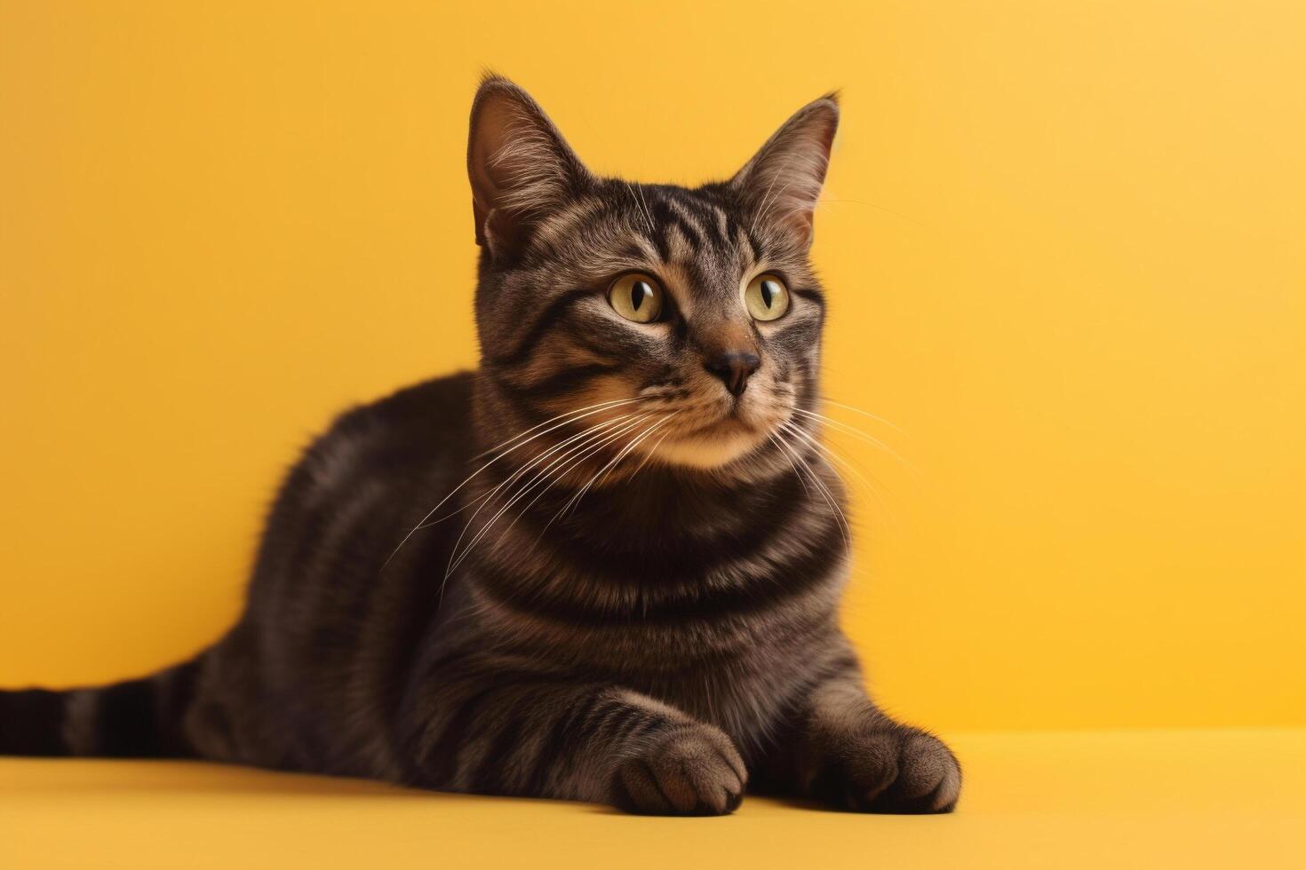un' gatto seduta su un' giallo superficie guardare a il telecamera, generativo ai foto