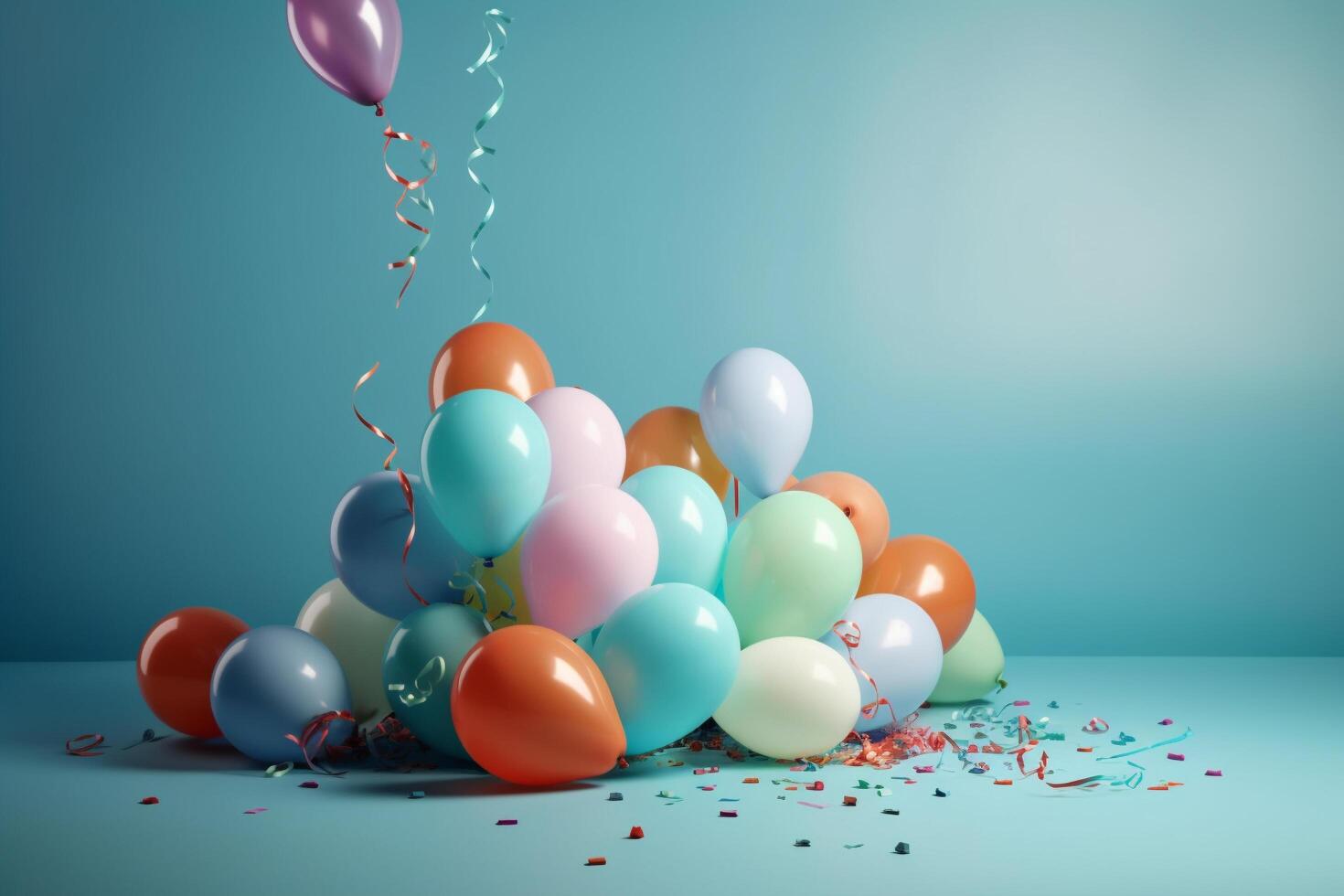compleanno festa palloncini con coriandoli su un' leggero blu sfondo, generativo ai foto